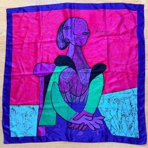 Vintage Picasso Style Abstract Cubist Silk Scarf Neon Pink Purple Art To Wear